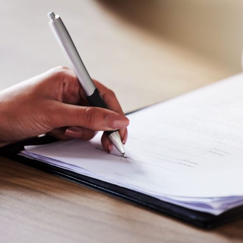 Legal, hands and contract sign with woman planning on documents for partnership, b2b and agreement. Lawyer, financial advisor and paperwork signature for compliance, deal review or insurance policy.